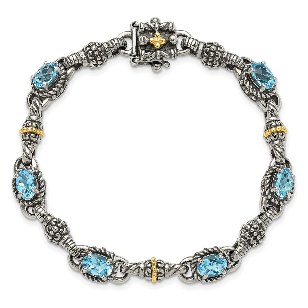 14K/Silver Two Tone Shey Couture Sterling Silver With 14K Accent 7.25 Inch Antiqued Oval Swiss Blue Topaz Bracelet