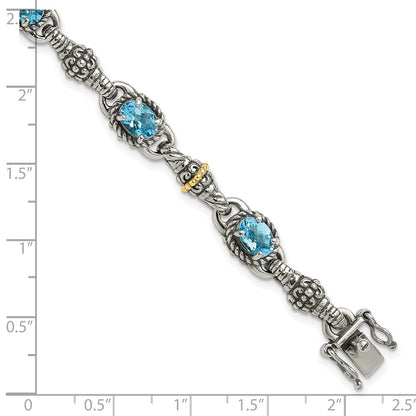 14K/Silver Two Tone Shey Couture Sterling Silver With 14K Accent 7.25 Inch Antiqued Oval Swiss Blue Topaz Bracelet