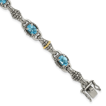 14K/Silver Two Tone Shey Couture Sterling Silver With 14K Accent 7.25 Inch Antiqued Oval Swiss Blue Topaz Bracelet