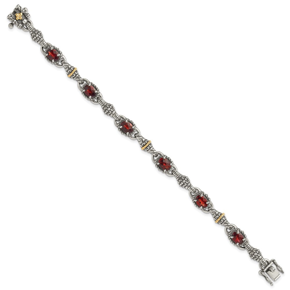 14K/Silver Two Tone Shey Couture Sterling Silver With 14K Accent Antiqued Oval Garnet 7.25 Inch Bracelet