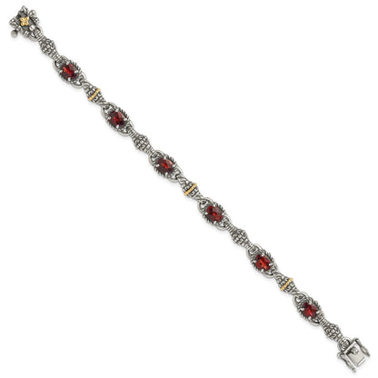 14K/Silver Two Tone Shey Couture Sterling Silver With 14K Accent Antiqued Oval Garnet 7.25 Inch Bracelet