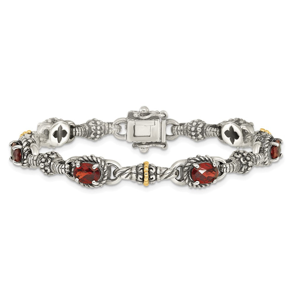 14K/Silver Two Tone Shey Couture Sterling Silver With 14K Accent Antiqued Oval Garnet 7.25 Inch Bracelet