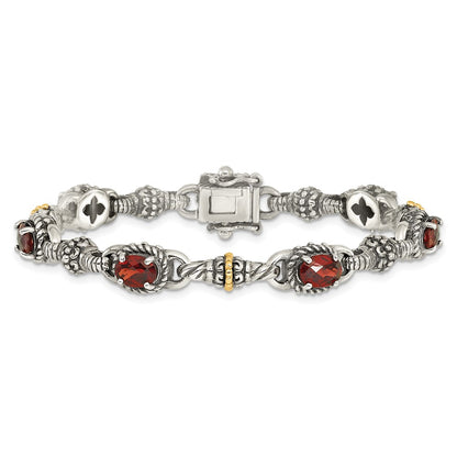 14K/Silver Two Tone Shey Couture Sterling Silver With 14K Accent Antiqued Oval Garnet 7.25 Inch Bracelet