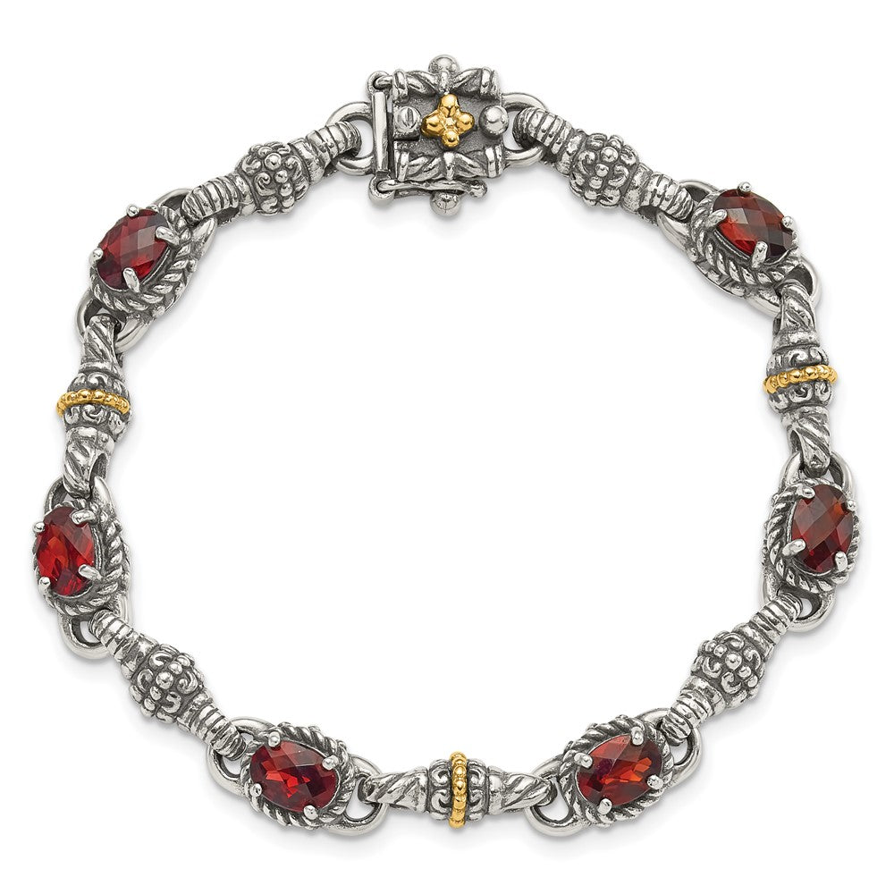 14K/Silver Two Tone Shey Couture Sterling Silver With 14K Accent Antiqued Oval Garnet 7.25 Inch Bracelet