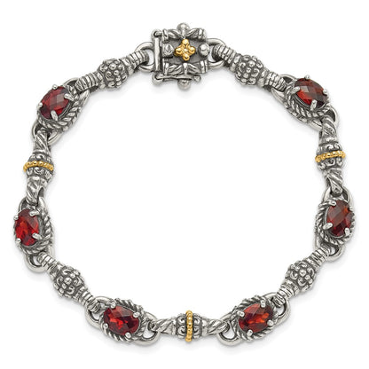 14K/Silver Two Tone Shey Couture Sterling Silver With 14K Accent Antiqued Oval Garnet 7.25 Inch Bracelet
