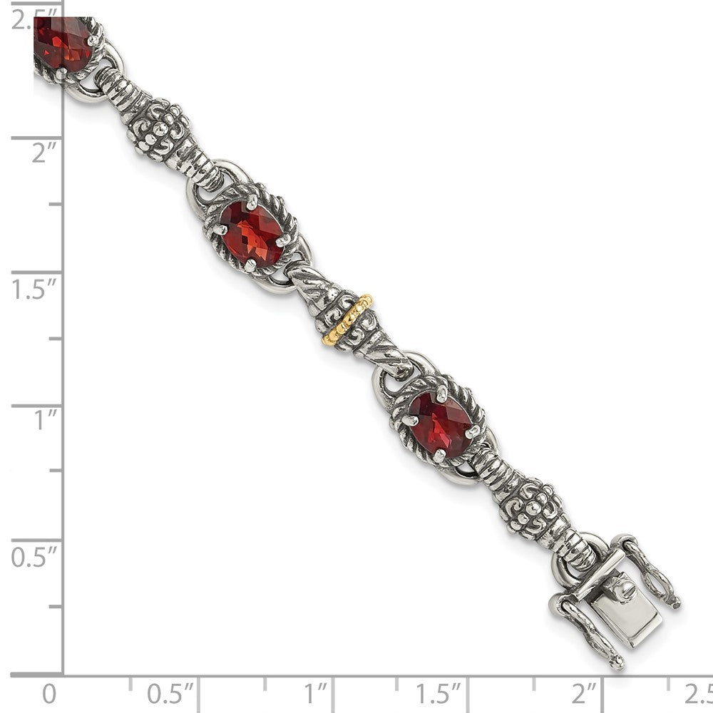 14K/Silver Two Tone Shey Couture Sterling Silver With 14K Accent Antiqued Oval Garnet 7.25 Inch Bracelet