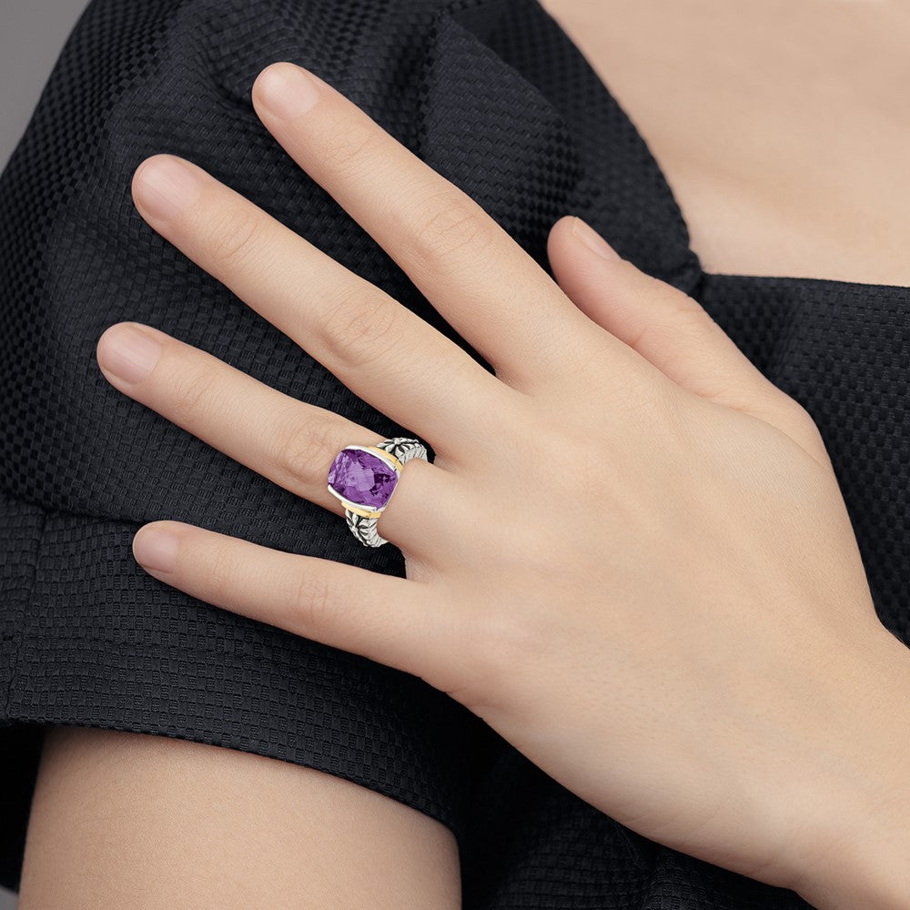14K/Silver Two Tone Shey Couture Sterling Silver With 14K Accent Antiqued Checkerboard Cut Cushion Chanel Set Amethyst Ring (Size 8 Only)