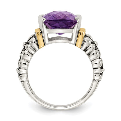 14K/Silver Two Tone Shey Couture Sterling Silver With 14K Accent Antiqued Checkerboard Cut Cushion Chanel Set Amethyst Ring (Size 8 Only)