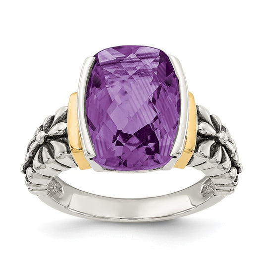 14K/Silver Two Tone Shey Couture Sterling Silver With 14K Accent Antiqued Checkerboard Cut Cushion Chanel Set Amethyst Ring (Size 8 Only)