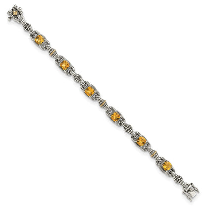 14K/Silver Two Tone Shey Couture Sterling Silver With 14K Accent 7.25 Inch Antiqued Cushion Citrine Bracelet