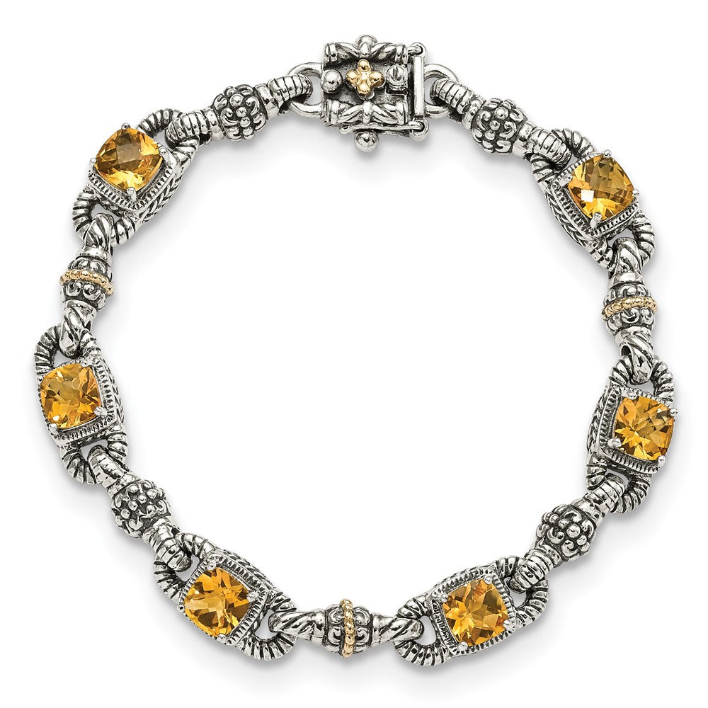 14K/Silver Two Tone Shey Couture Sterling Silver With 14K Accent 7.25 Inch Antiqued Cushion Citrine Bracelet