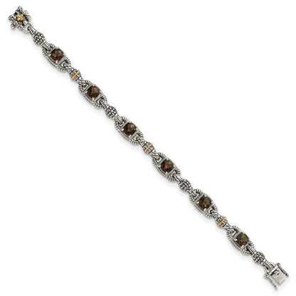 14K/Silver Two Tone Shey Couture Sterling Silver With 14K Accent 7.25 Inch Antiqued Cushion Checkerboard Smoky Quartz Bracelet