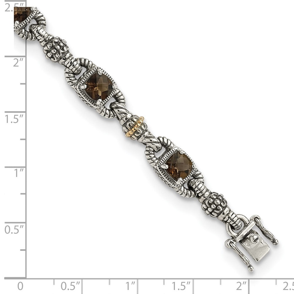 14K/Silver Two Tone Shey Couture Sterling Silver With 14K Accent 7.25 Inch Antiqued Cushion Checkerboard Smoky Quartz Bracelet