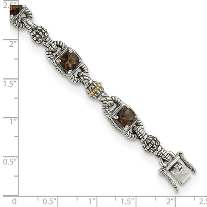 14K/Silver Two Tone Shey Couture Sterling Silver With 14K Accent 7.25 Inch Antiqued Cushion Checkerboard Smoky Quartz Bracelet