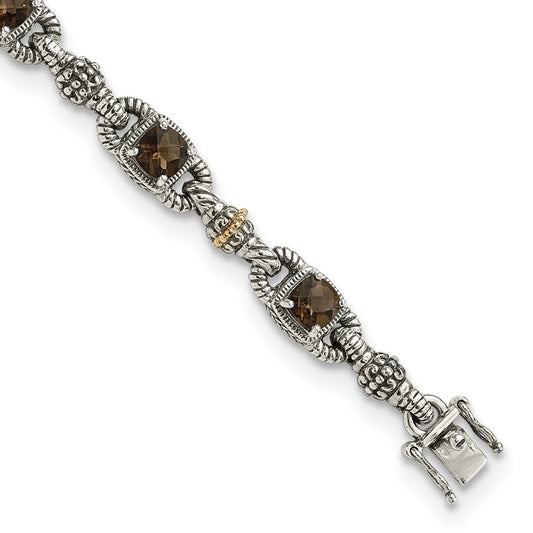 14K/Silver Two Tone Shey Couture Sterling Silver With 14K Accent 7.25 Inch Antiqued Cushion Checkerboard Smoky Quartz Bracelet