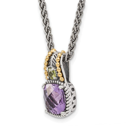 14K/Silver Two Tone Shey Couture Sterling Silver With 14K Accent 18 Inch Antiqued Cushion 1.85 Amethyst And .21 Peridot Necklace