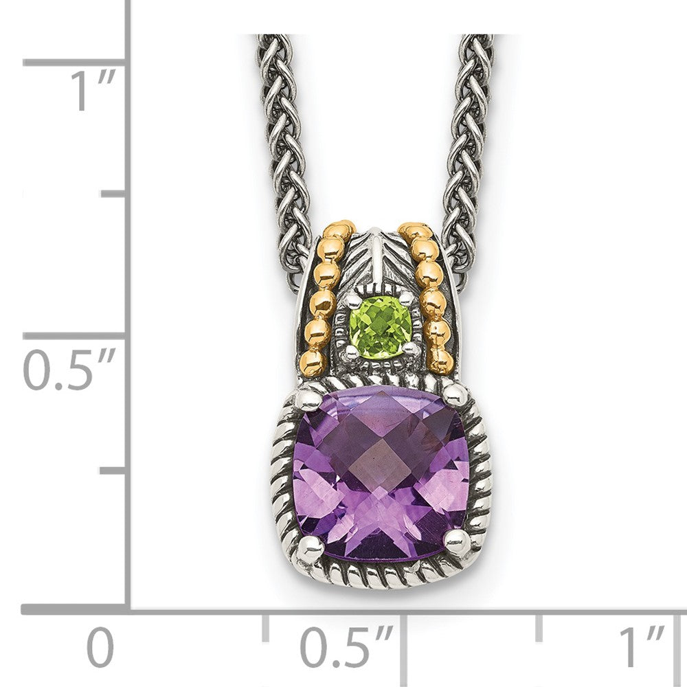 14K/Silver Two Tone Shey Couture Sterling Silver With 14K Accent 18 Inch Antiqued Cushion 1.85 Amethyst And .21 Peridot Necklace