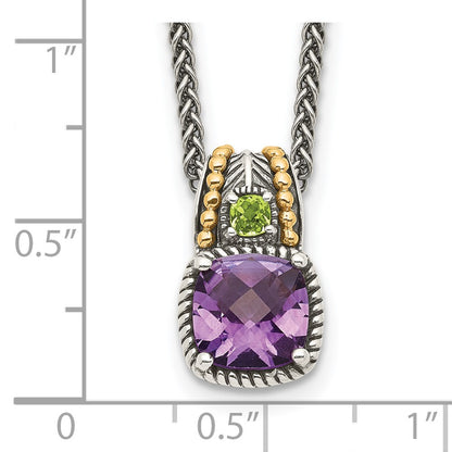 14K/Silver Two Tone Shey Couture Sterling Silver With 14K Accent 18 Inch Antiqued Cushion 1.85 Amethyst And .21 Peridot Necklace