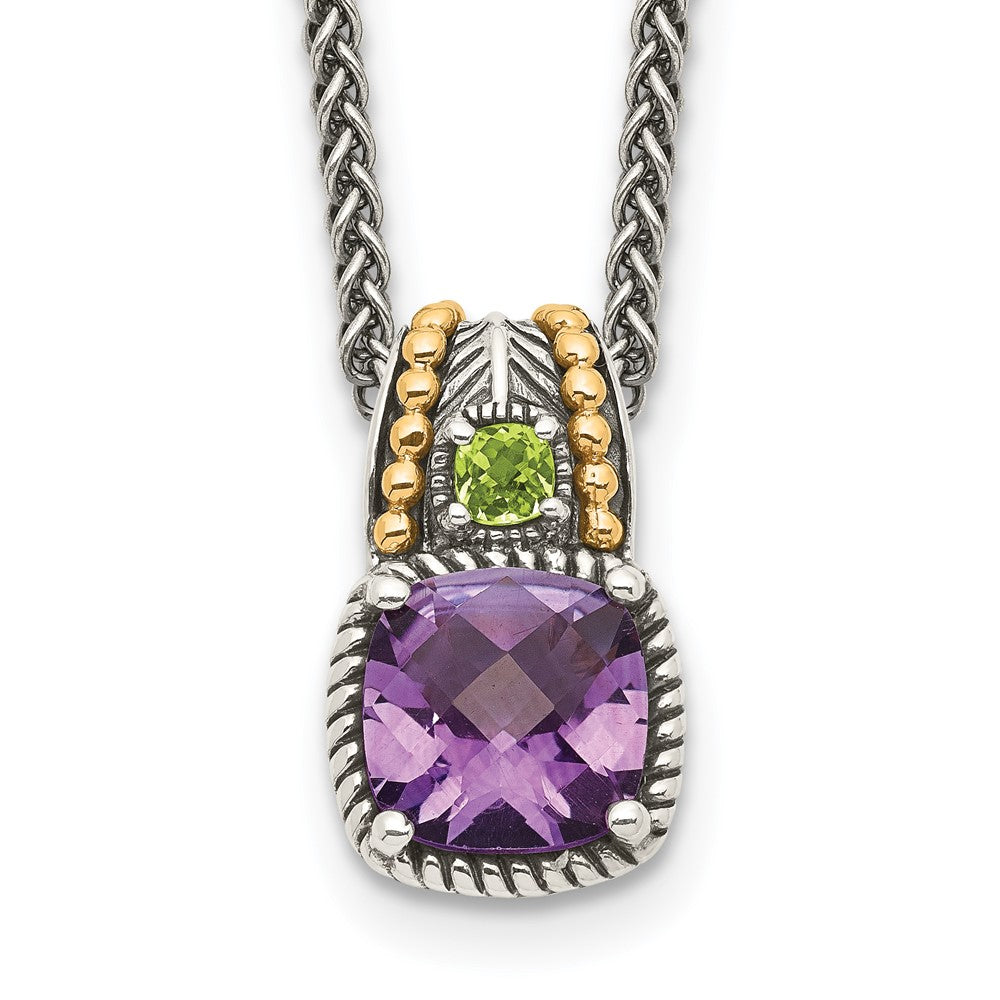 14K/Silver Two Tone Shey Couture Sterling Silver With 14K Accent 18 Inch Antiqued Cushion 1.85 Amethyst And .21 Peridot Necklace