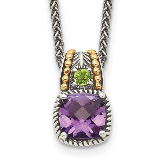14K/Silver Two Tone Shey Couture Sterling Silver With 14K Accent 18 Inch Antiqued Cushion 1.85 Amethyst And .21 Peridot Necklace