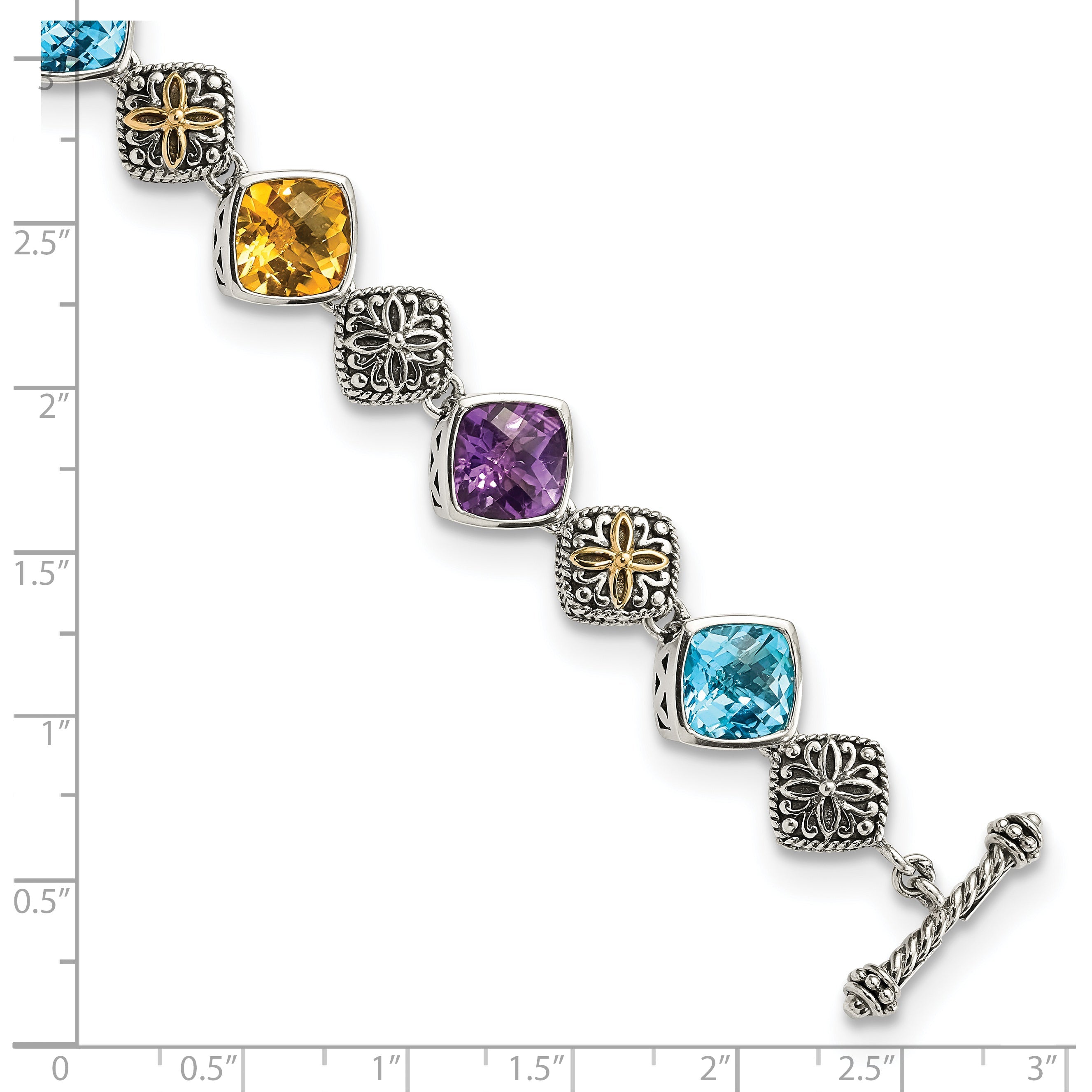 14K/Silver Two Tone Shey Couture Sterling Silver With 14K Accent 8.25 Inch Antiqued Cushion Bezel 7.95Amethyst/7.1Blue Topaz/5.3Citrine Bracelet