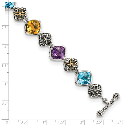 14K/Silver Two Tone Shey Couture Sterling Silver With 14K Accent 8.25 Inch Antiqued Cushion Bezel 7.95Amethyst/7.1Blue Topaz/5.3Citrine Bracelet