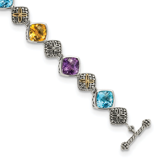 14K/Silver Two Tone Shey Couture Sterling Silver With 14K Accent 8.25 Inch Antiqued Cushion Bezel 7.95Amethyst/7.1Blue Topaz/5.3Citrine Bracelet