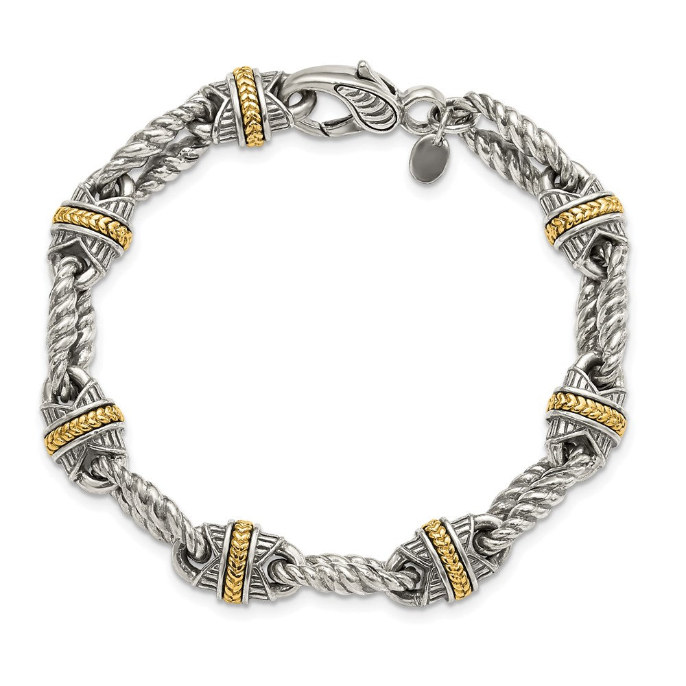 14K/Silver Two Tone Sterling Silver 14Ky Accent Polished & Antiqued Link Bracelet