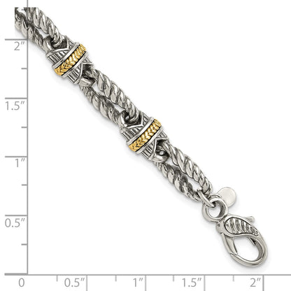 14K/Silver Two Tone Sterling Silver 14Ky Accent Polished & Antiqued Link Bracelet