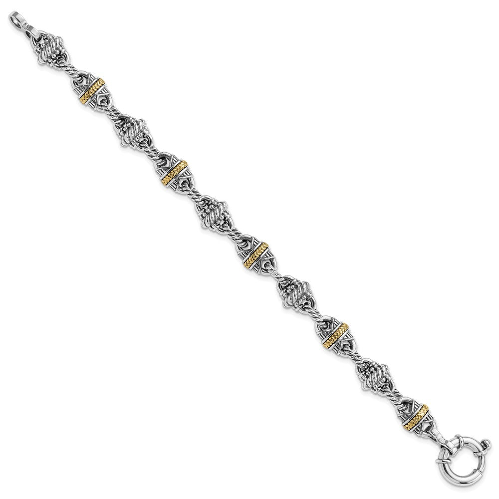 14K/Silver Two Tone Sterling Silver 14K Accent Antiqued Fancy Link Bracelet