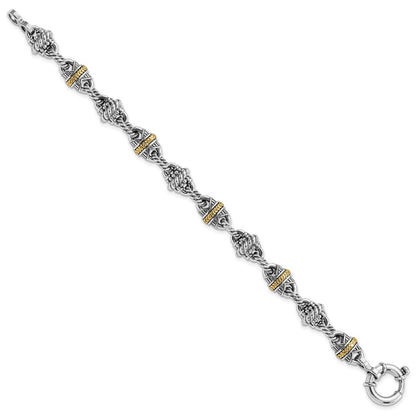 14K/Silver Two Tone Sterling Silver 14K Accent Antiqued Fancy Link Bracelet