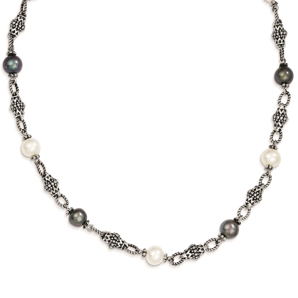 Sterling Silver Shey Couture 18 Inch Antiqued 8 8.5mm Freshwater Cultured Black And White Pearl Necklace