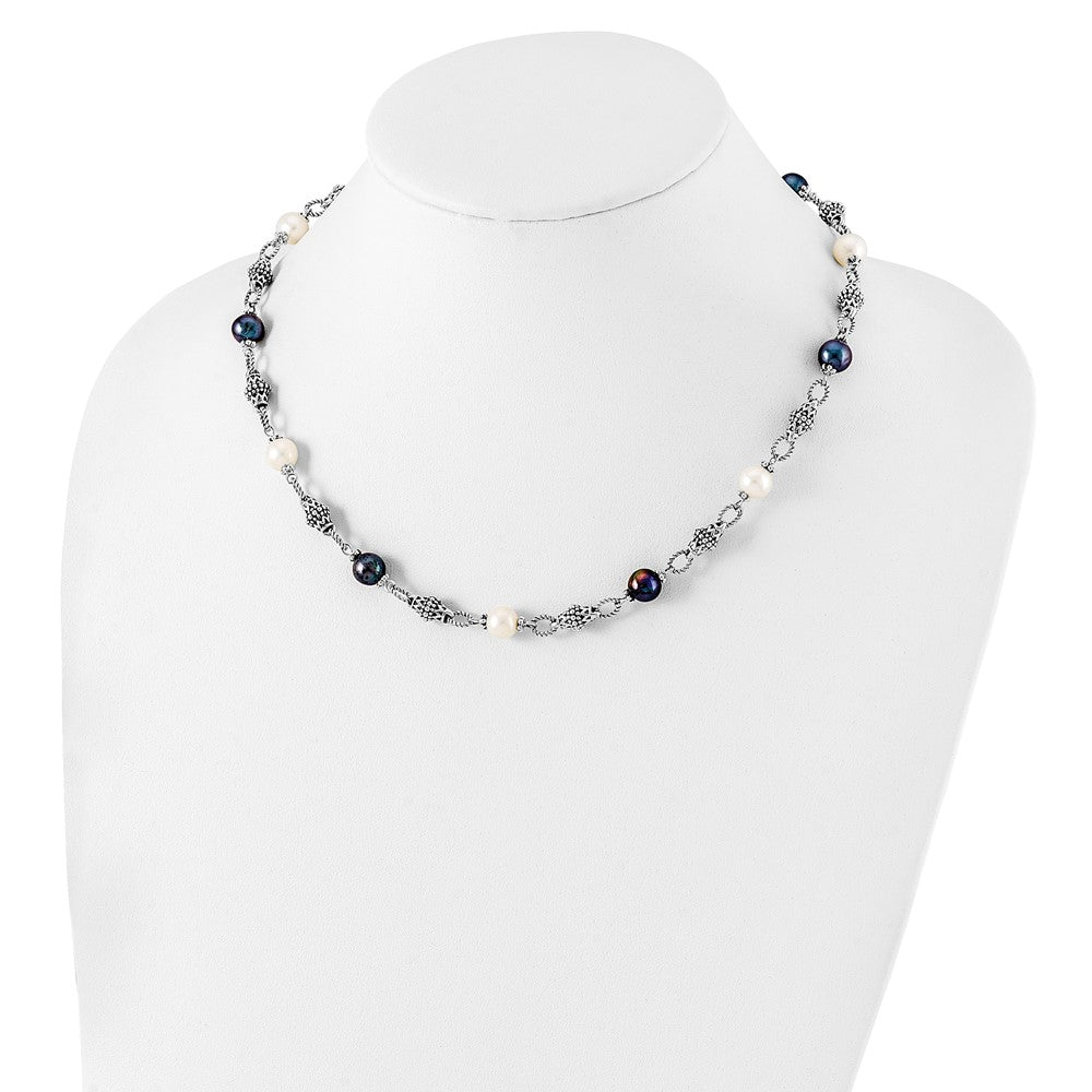 Sterling Silver Shey Couture 18 Inch Antiqued 8 8.5mm Freshwater Cultured Black And White Pearl Necklace