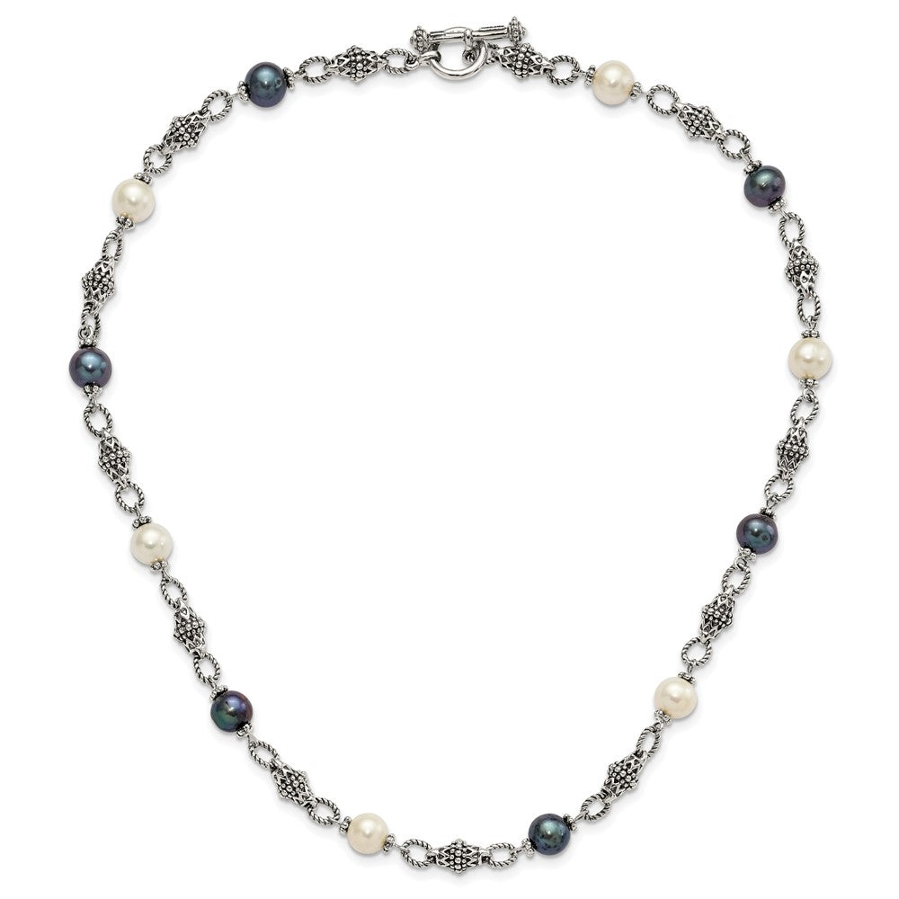 Sterling Silver Shey Couture 18 Inch Antiqued 8 8.5mm Freshwater Cultured Black And White Pearl Necklace