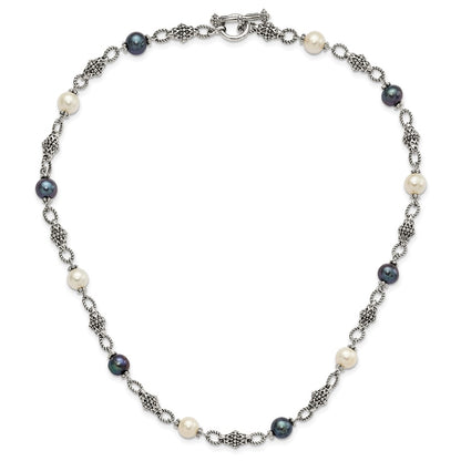 Sterling Silver Shey Couture 18 Inch Antiqued 8 8.5mm Freshwater Cultured Black And White Pearl Necklace
