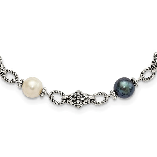 Sterling Silver Shey Couture 18 Inch Antiqued 8 8.5mm Freshwater Cultured Black And White Pearl Necklace