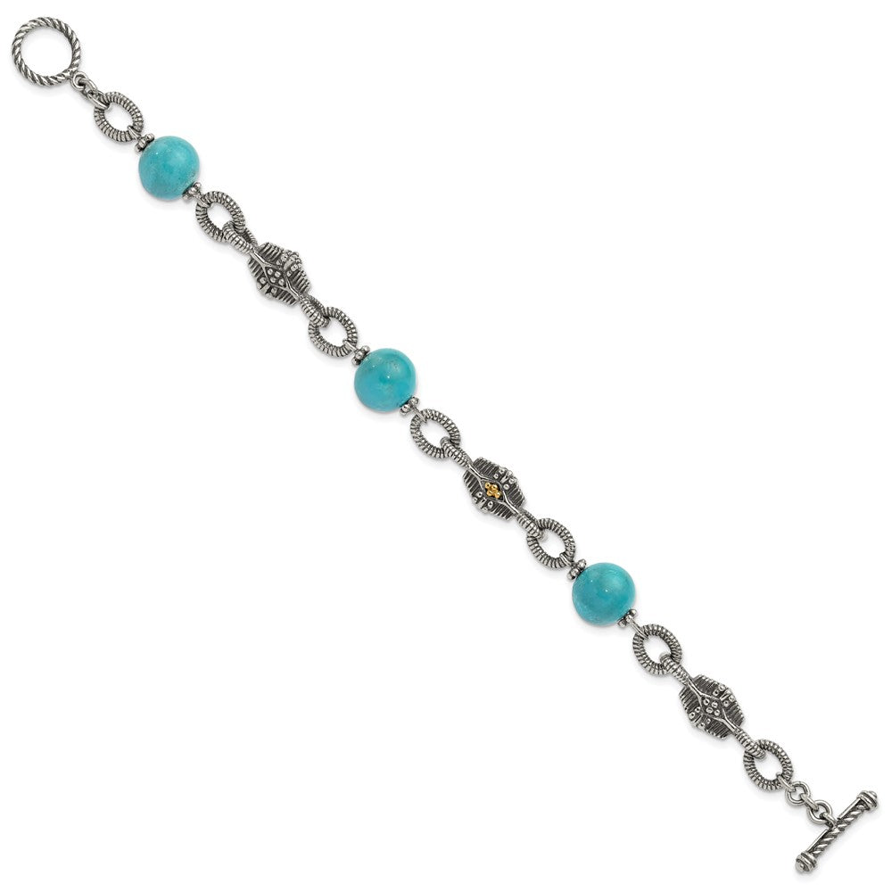 14K/Silver Two Tone Shey Couture Sterling Silver With 14K Accent 7.25 Inch Antiqued Reconstructed Turquoise Bracelet