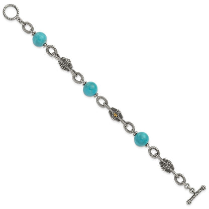 14K/Silver Two Tone Shey Couture Sterling Silver With 14K Accent 7.25 Inch Antiqued Reconstructed Turquoise Bracelet
