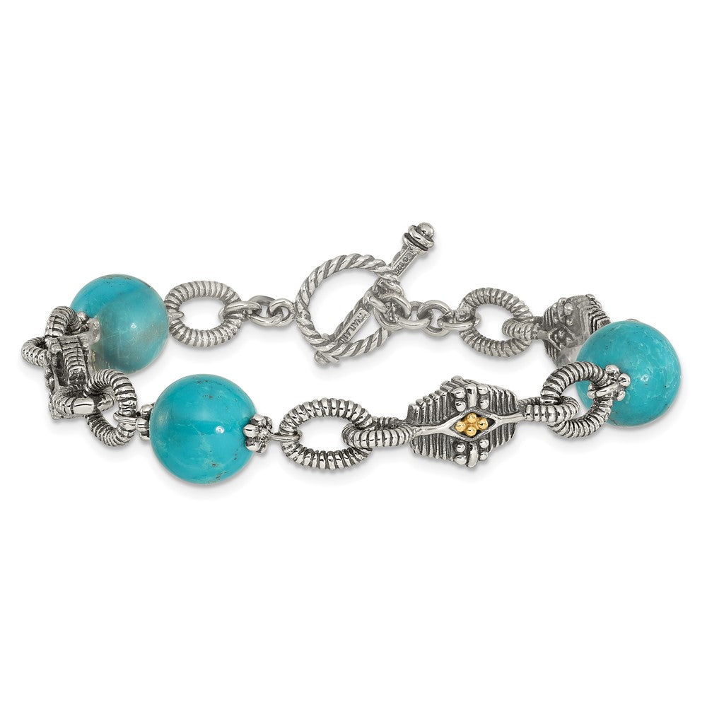 14K/Silver Two Tone Shey Couture Sterling Silver With 14K Accent 7.25 Inch Antiqued Reconstructed Turquoise Bracelet