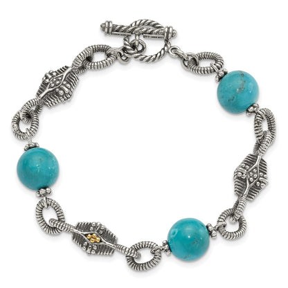 14K/Silver Two Tone Shey Couture Sterling Silver With 14K Accent 7.25 Inch Antiqued Reconstructed Turquoise Bracelet