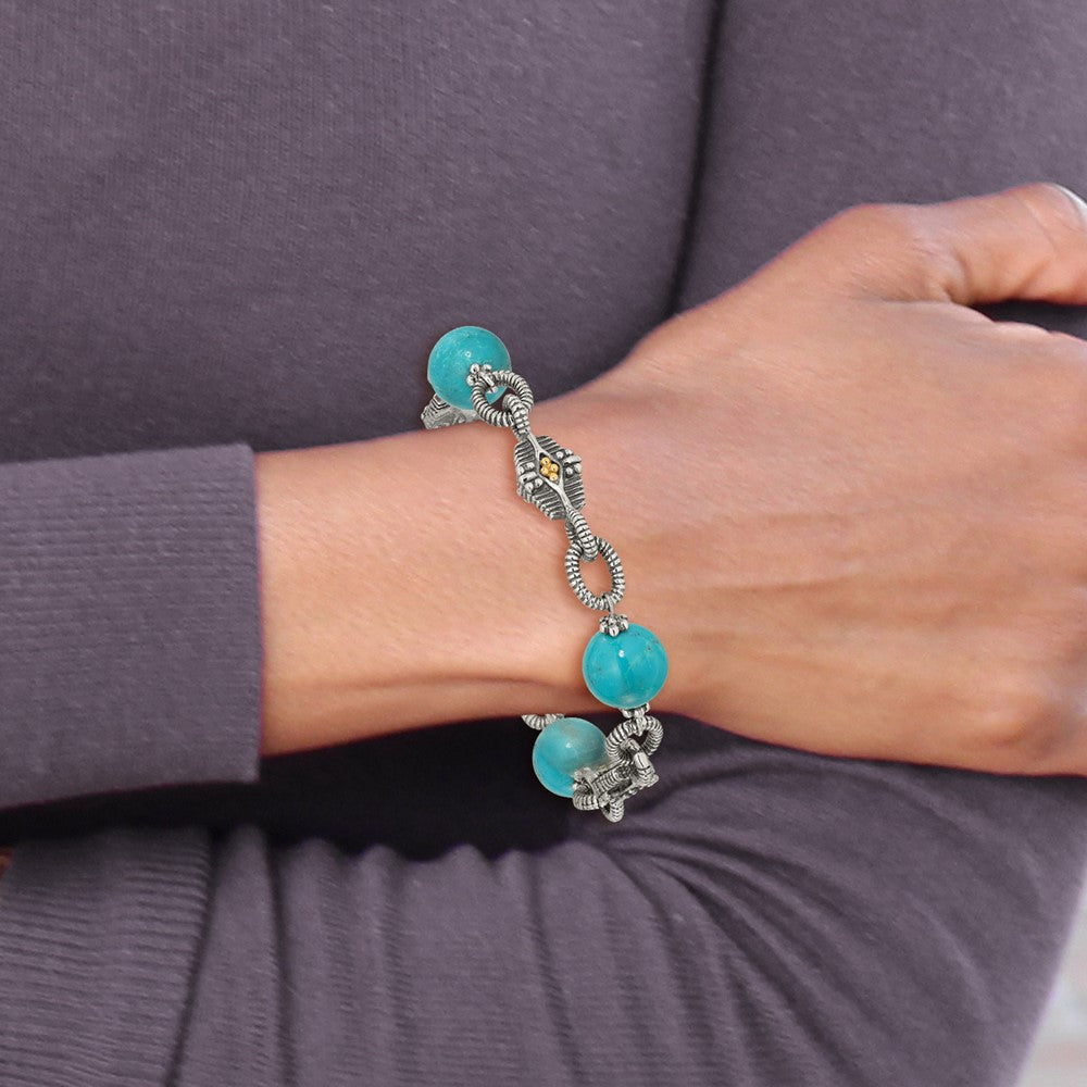 14K/Silver Two Tone Shey Couture Sterling Silver With 14K Accent 7.25 Inch Antiqued Reconstructed Turquoise Bracelet