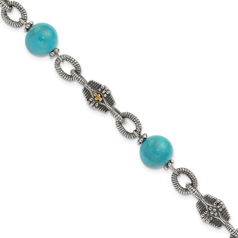 14K/Silver Two Tone Shey Couture Sterling Silver With 14K Accent 7.25 Inch Antiqued Reconstructed Turquoise Bracelet