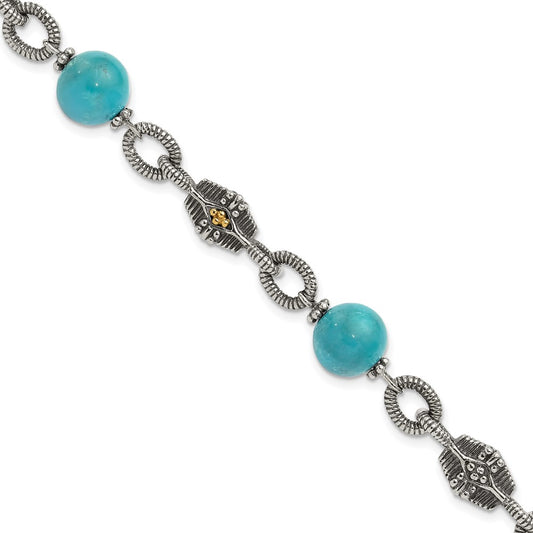 14K/Silver Two Tone Shey Couture Sterling Silver With 14K Accent 7.25 Inch Antiqued Reconstructed Turquoise Bracelet