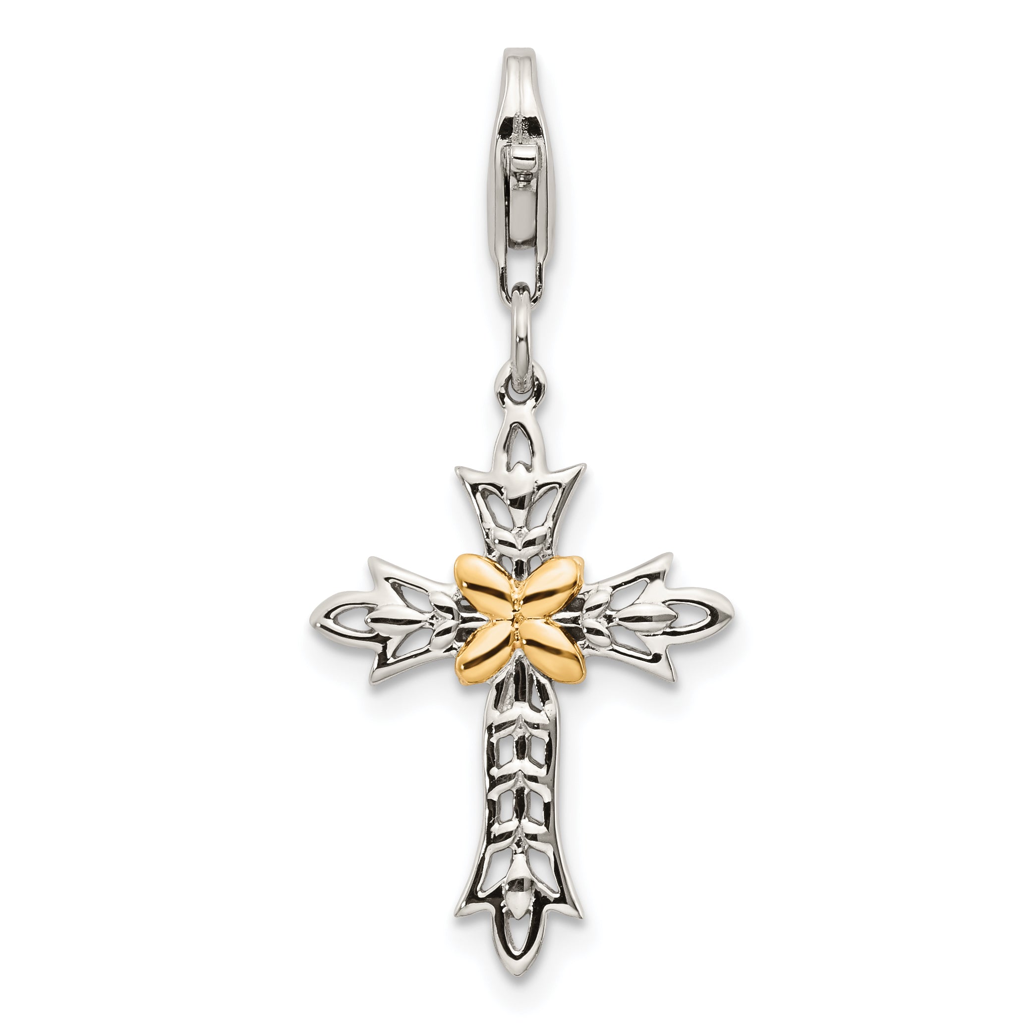 14K/Silver Two Tone Shey Couture Sterling Silver With 14K Accent Antiqued 3 D Cross Lobster Clasp Charm