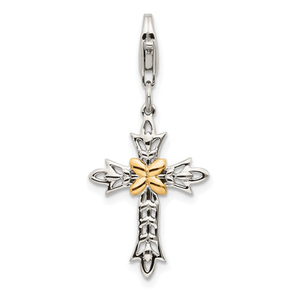 14K/Silver Two Tone Shey Couture Sterling Silver With 14K Accent Antiqued 3 D Cross Lobster Clasp Charm