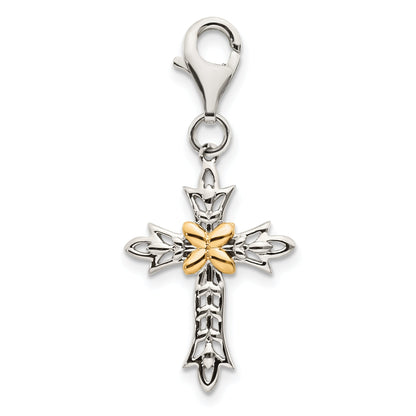 14K/Silver Two Tone Shey Couture Sterling Silver With 14K Accent Antiqued 3 D Cross Lobster Clasp Charm