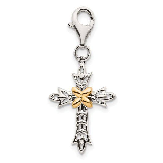 14K/Silver Two Tone Shey Couture Sterling Silver With 14K Accent Antiqued 3 D Cross Lobster Clasp Charm