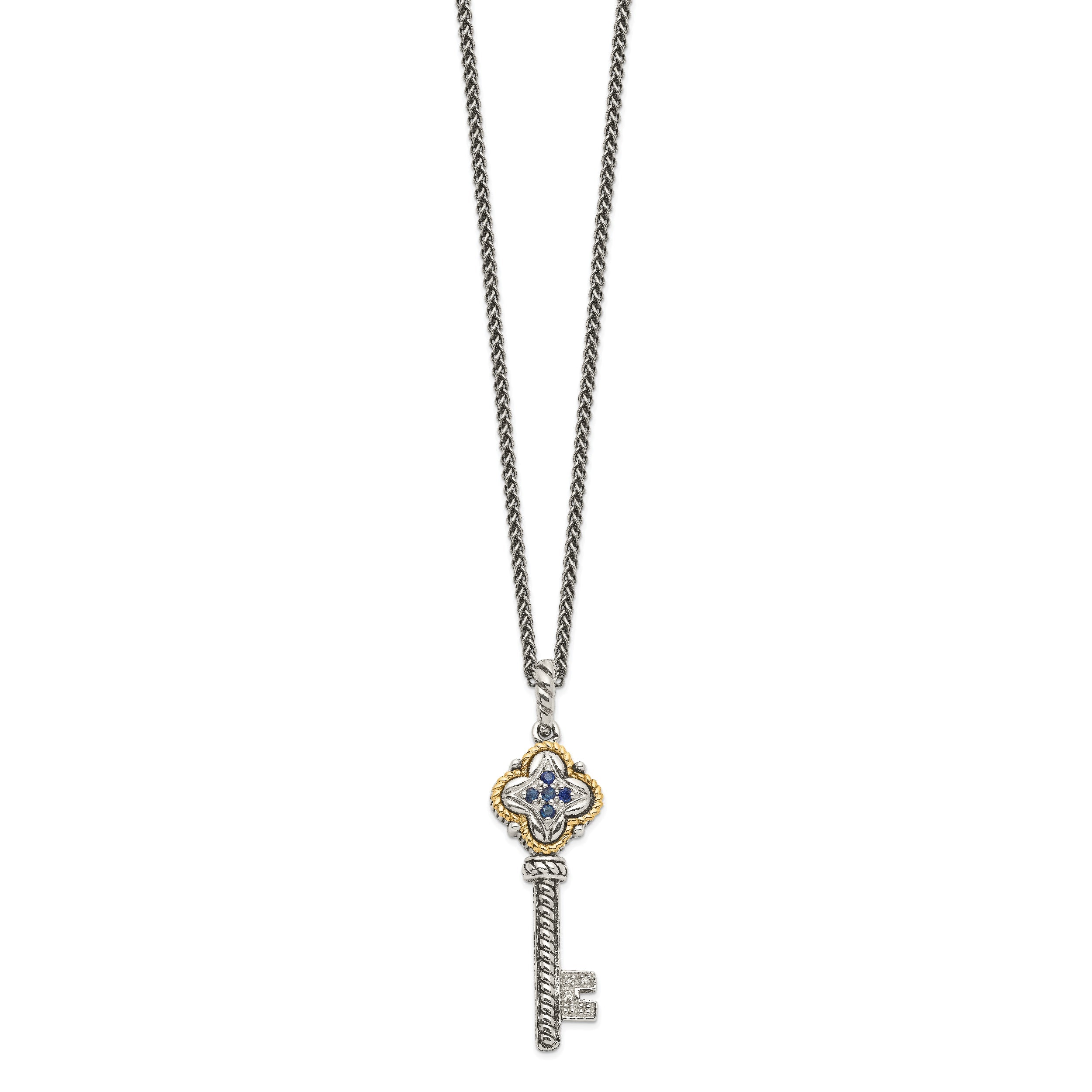 14K/Silver Two Tone Shey Couture Sterling Silver With 14K Accent 18 Inch Antiqued Sapphire And Diamond Key Necklace