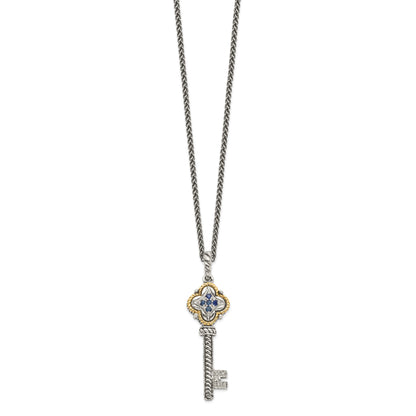 14K/Silver Two Tone Shey Couture Sterling Silver With 14K Accent 18 Inch Antiqued Sapphire And Diamond Key Necklace