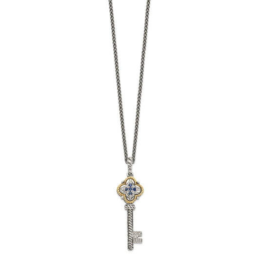 14K/Silver Two Tone Shey Couture Sterling Silver With 14K Accent 18 Inch Antiqued Sapphire And Diamond Key Necklace